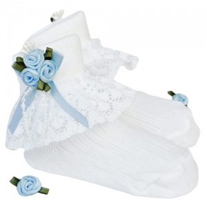 Girls White Lace Socks with Baby Blue Rosebud Cluster